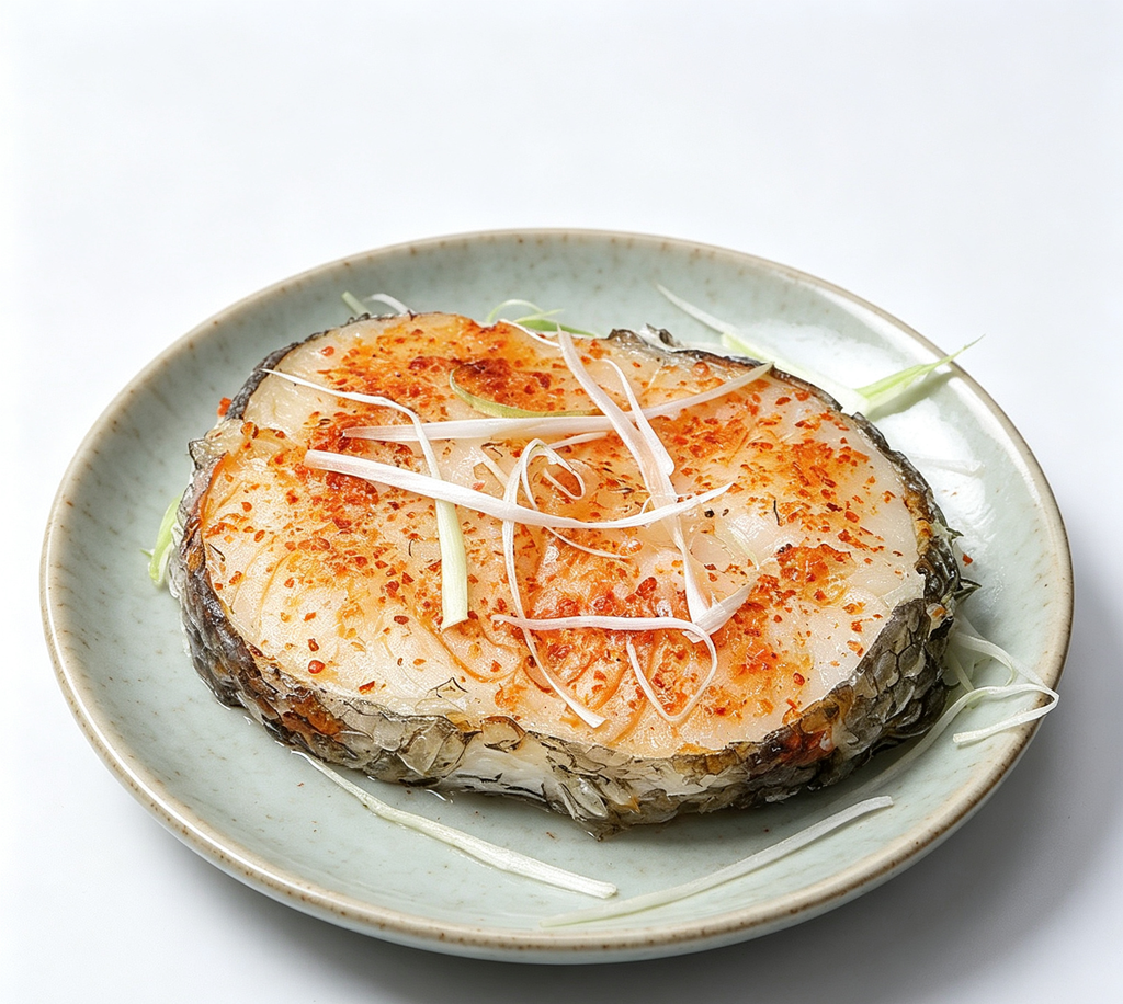 Savory Pan-Seared Fish Steak with Spices and Garnish