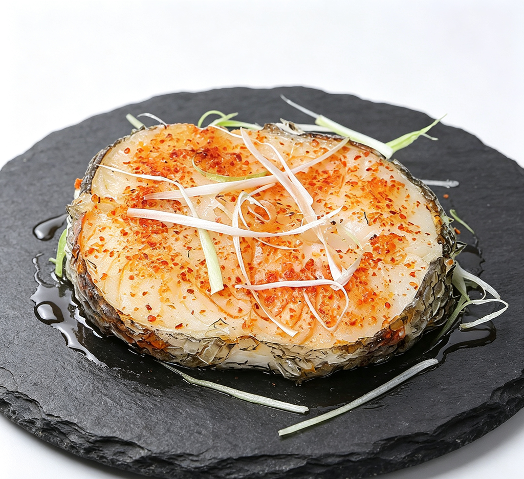 Savory Pan-Seared Fish Steak with Spices and Garnish